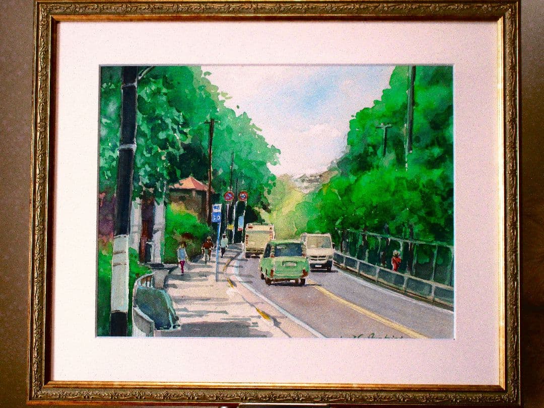 水彩画 坂のある風景 2017年作 額装済み F6号サイズ