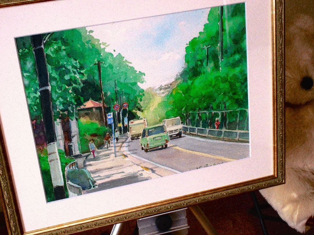 水彩画 坂のある風景 2017年作 額装済み F6号サイズ