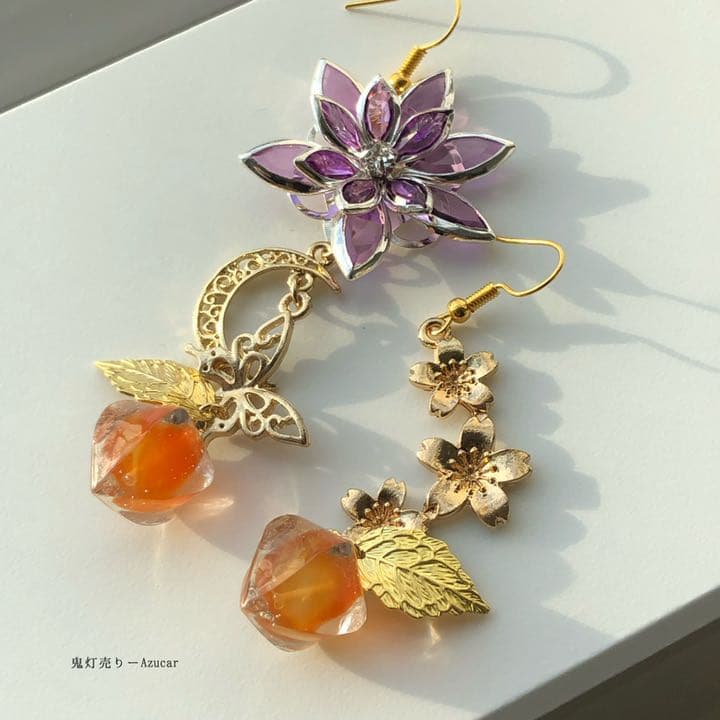 紫蓮と鬼灯　蝶々と桜付き　和装小物　ピアス　イヤリング