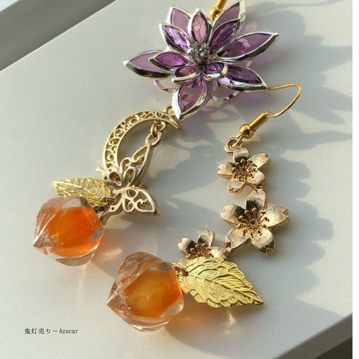 紫蓮と鬼灯　蝶々と桜付き　和装小物　ピアス　イヤリング