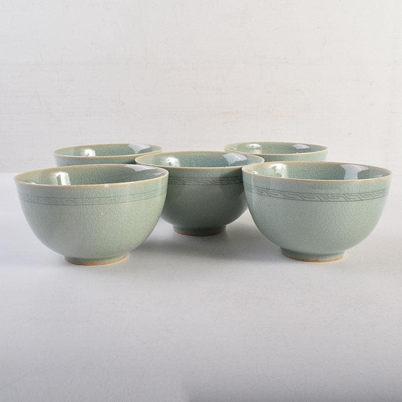 茶道具　韓国　石山窯　梁金錫作　高麗青磁　数茶碗　十客　共箱　M　R8794H