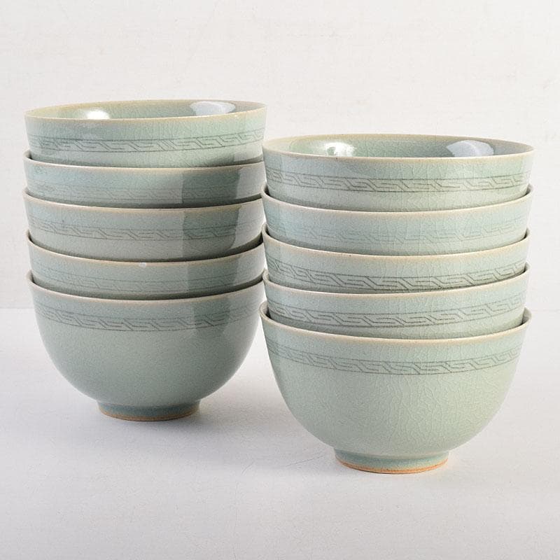 茶道具　韓国　石山窯　梁金錫作　高麗青磁　数茶碗　十客　共箱　M　R8794H