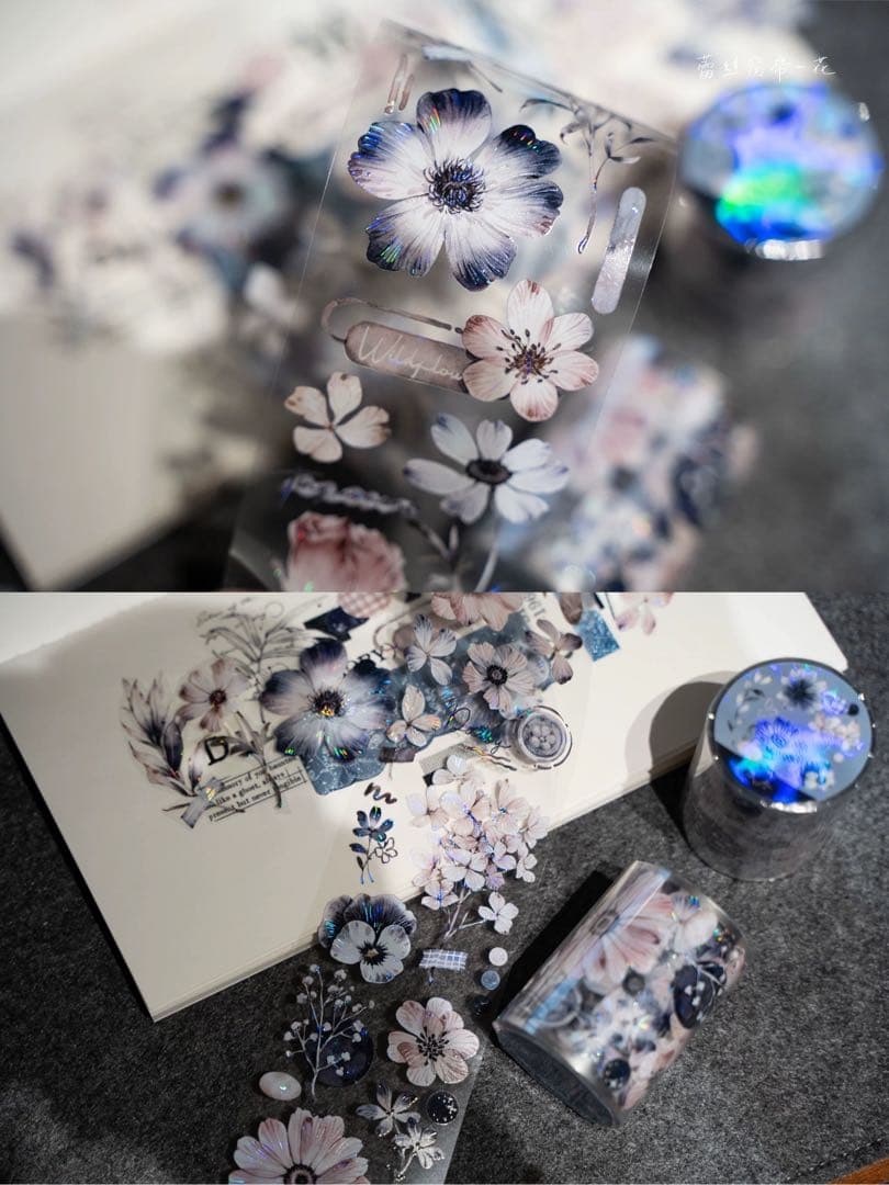 【9603】海外　マステ　5m巻　貝殻光マスキングテープ　お花　青　装飾系