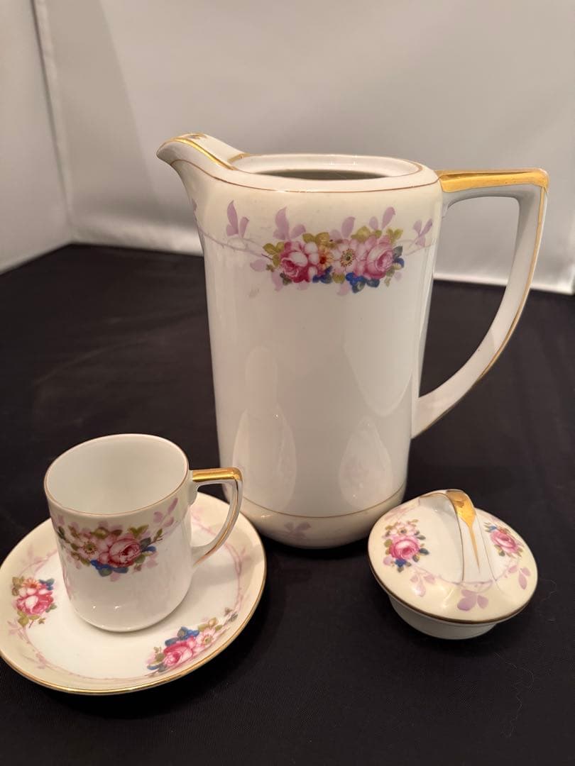アンティーク 「ノリタケ」花柄ポット付きコーヒーセット