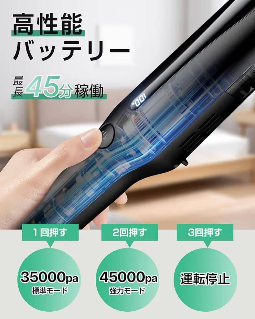 お買い得⭐️掃除機 コードレス 軽量【45000pa超強力吸引・45分連続稼働】