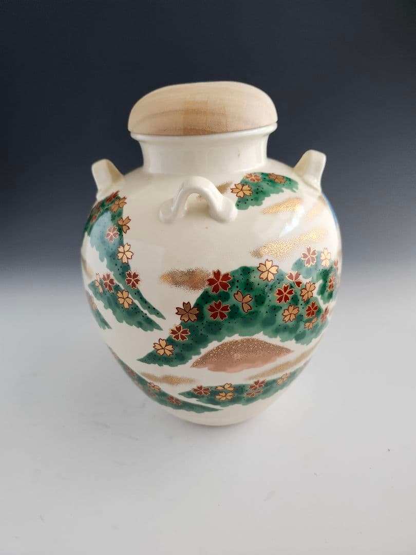 茶壺　飾壺　仁清写　吉野山　絵　青宝作　桐箱入　外箱あり