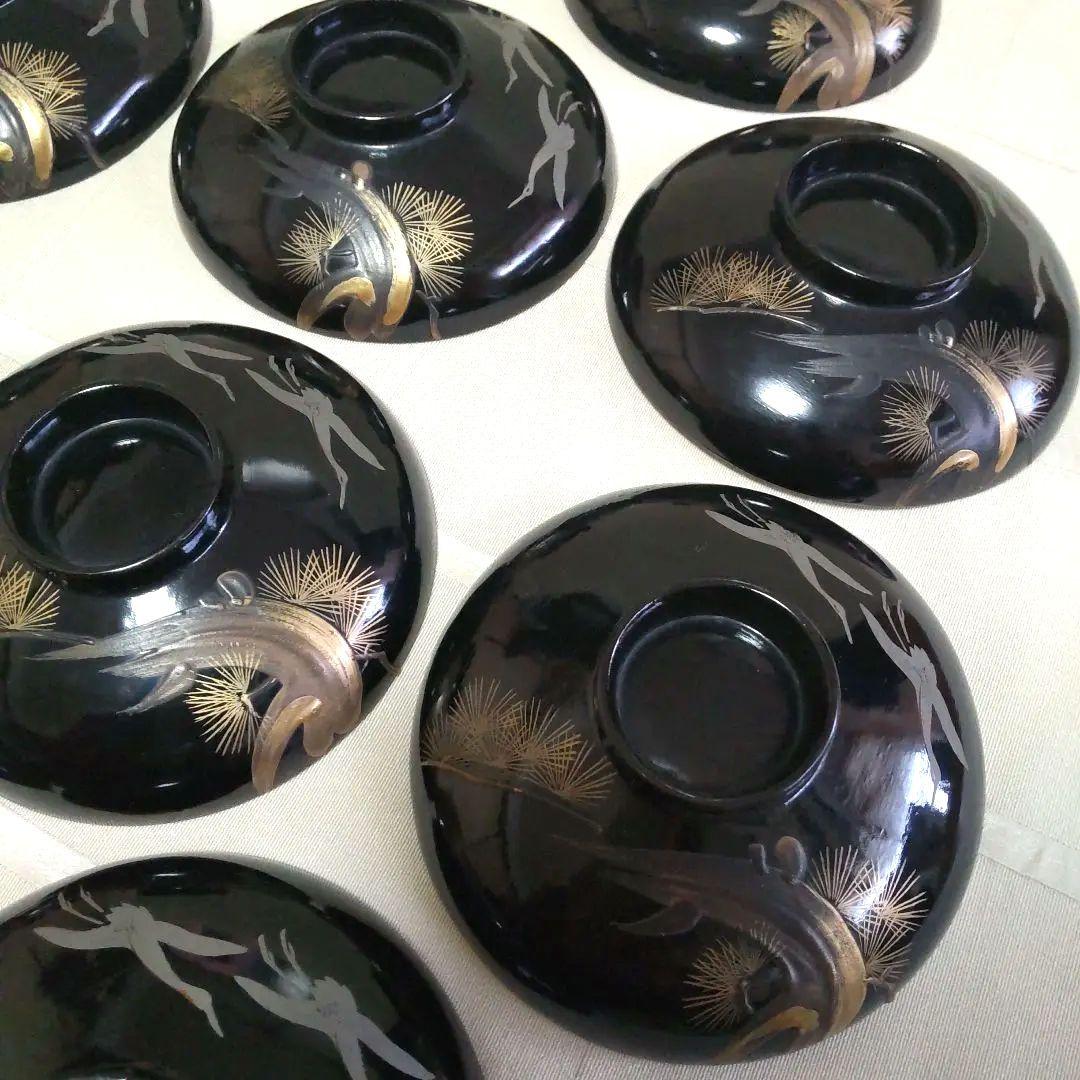 会津塗黒沈金蒔絵松鶴塗椀　蓋付き10客セット　 木箱入　大正時代　漆器汁椀