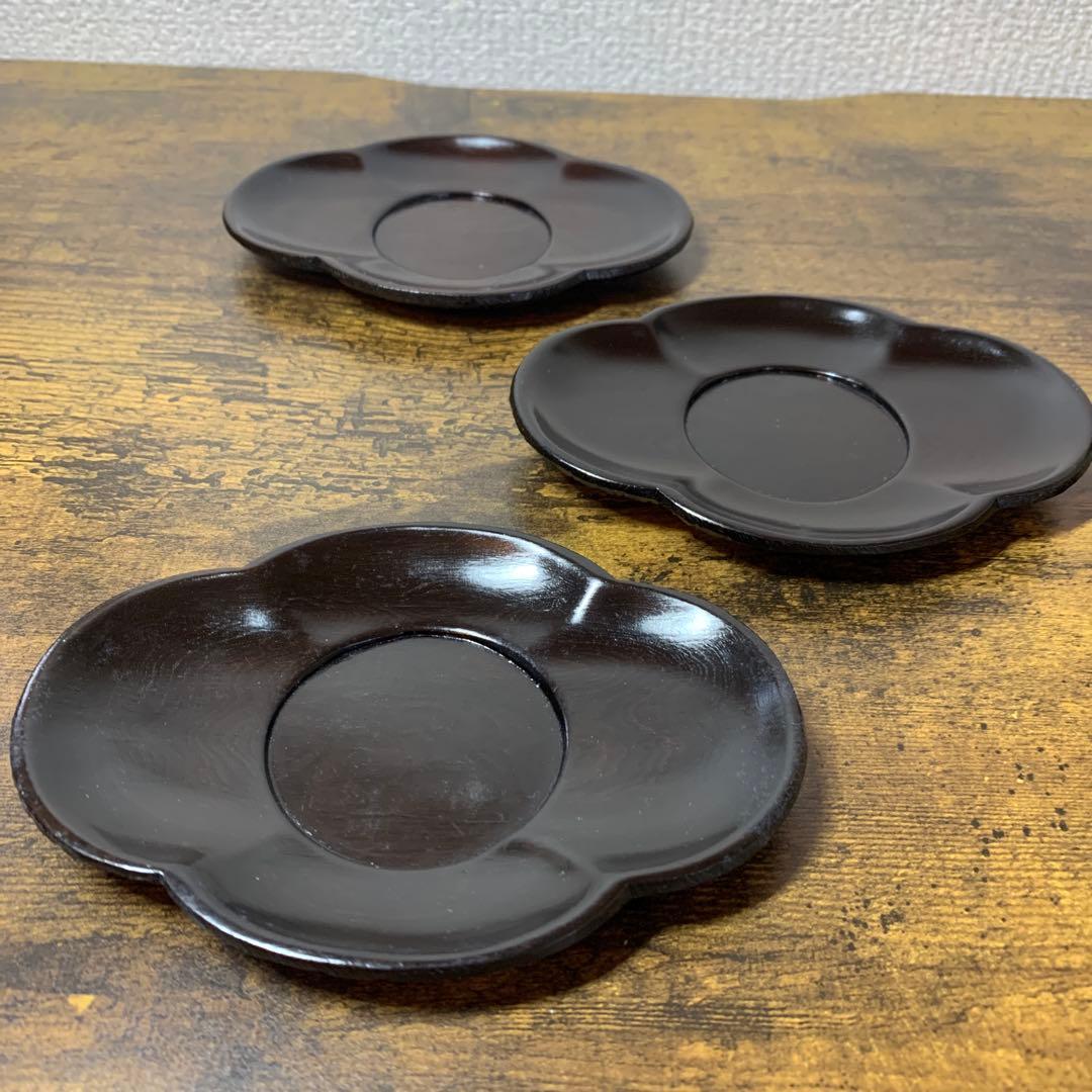 E-1 【美品】木製 茶托 5客セット 梅型 くりぬき 漆塗り 茶道具 おもてな