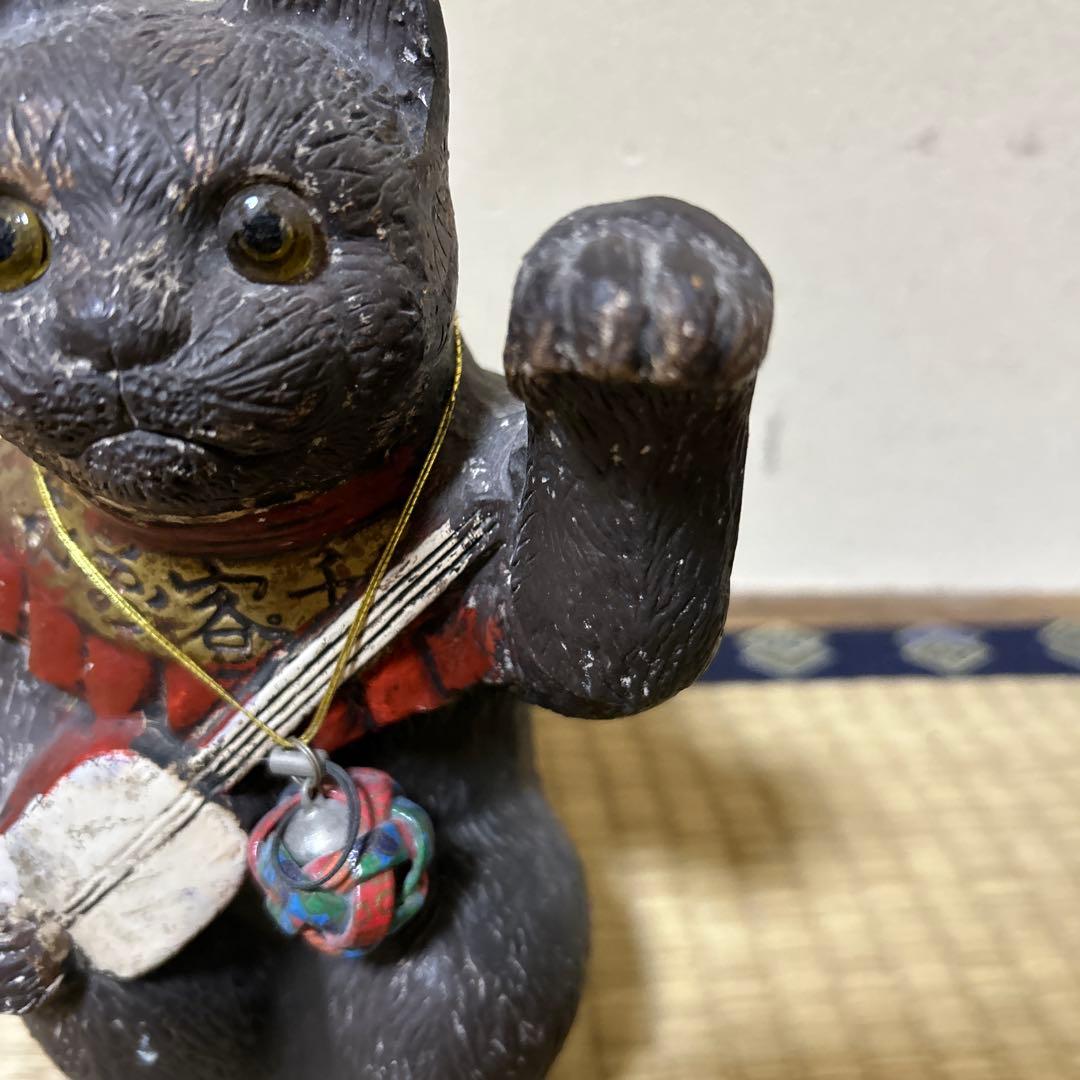 黒色 招き猫 三味線 置物 約20cm