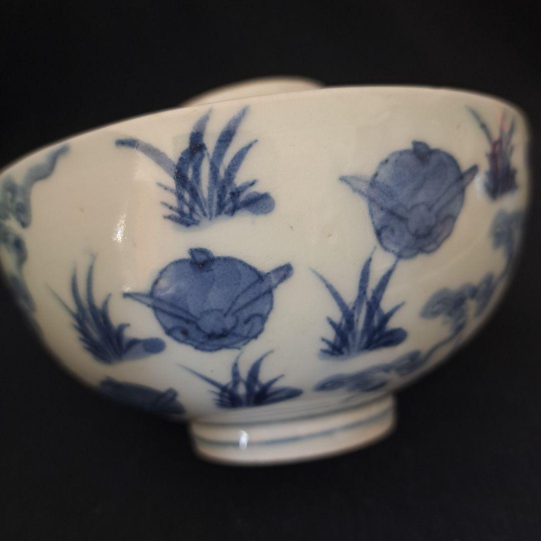 「大人気 波兎(なみうさぎ)の古伊万里蓋茶碗(直径12cm)」 染付碗 骨董アン