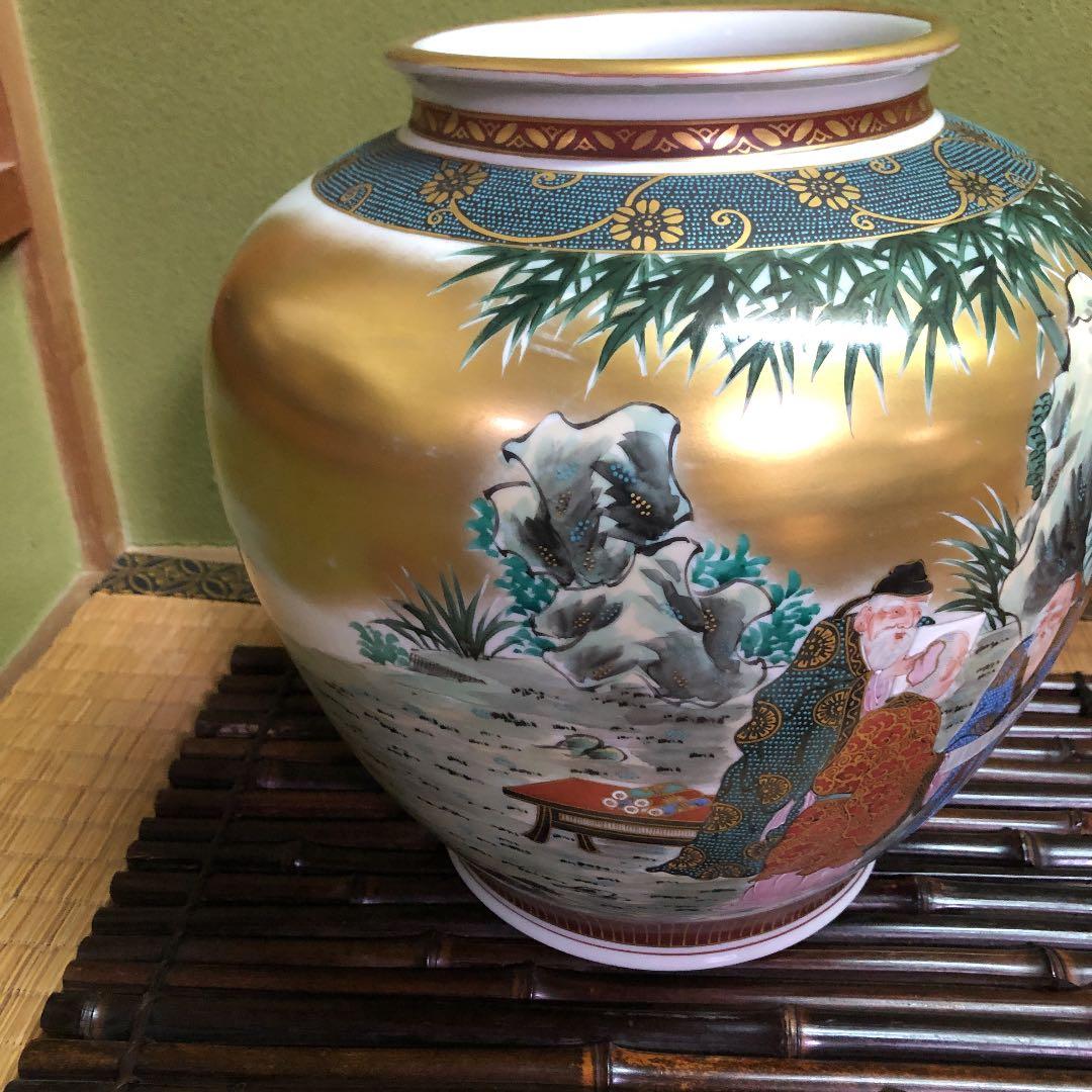 【処分特別価格】九谷焼特大壺/穂光/金唐草模様人物画/仙人学者巻物竹林古美術骨董