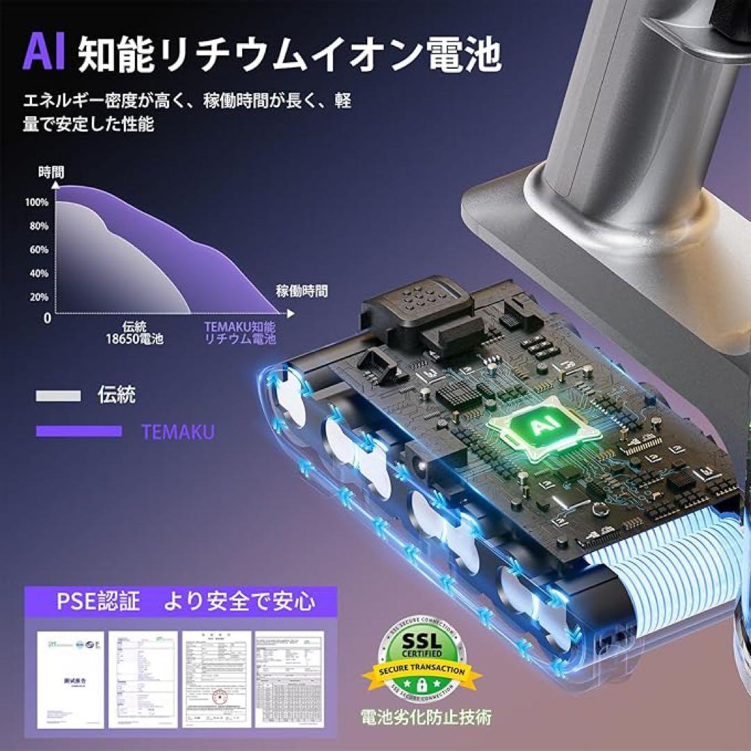 自走式！業界トップレベル130KPa超強力吸引・自立式・低騒音・AI汚れ自動検知