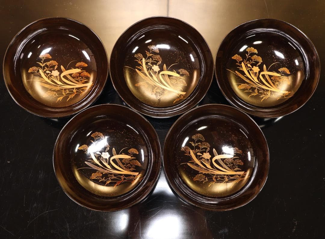 BK513　時代輪島塗　花籠蒔絵　厚物椀　五客　木製　茶道具 懐石 菓子