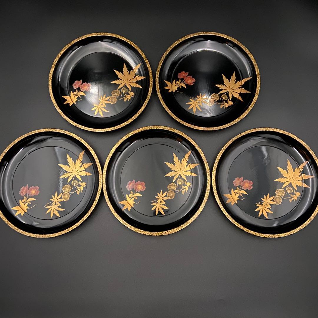 木製漆器 本金 蒔絵 銘々皿 5客 雲錦 菓子皿 菓子器 桜 紅葉 SAKURA
