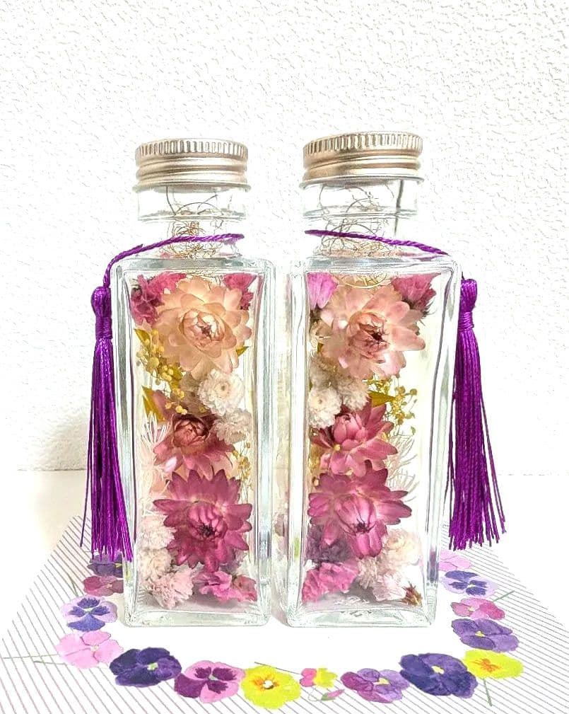 お供え、仏花ハーバリウム 100ml ２本セット18 ピンク系＆ローズボトル②