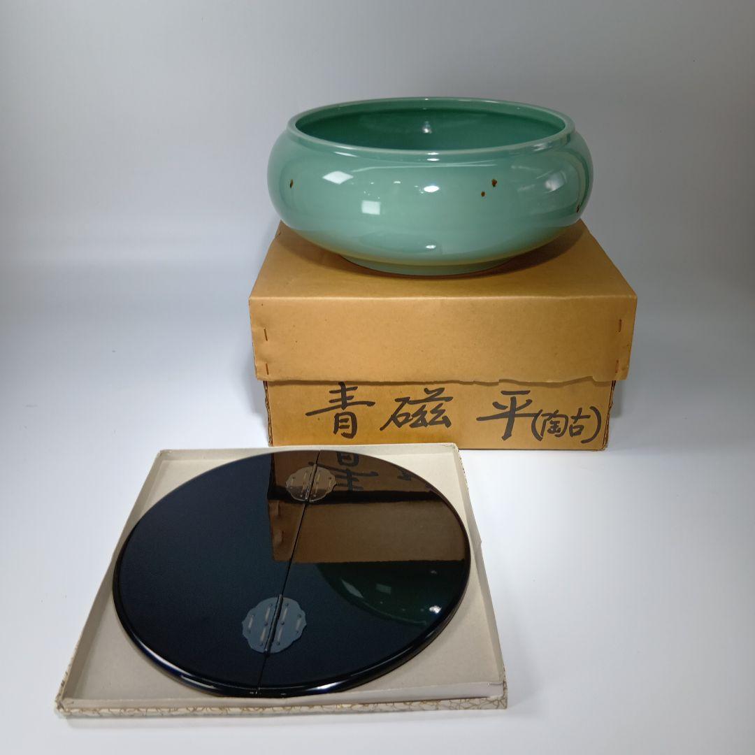 茶道具　飛青磁平水指　(陶古)造　紙箱