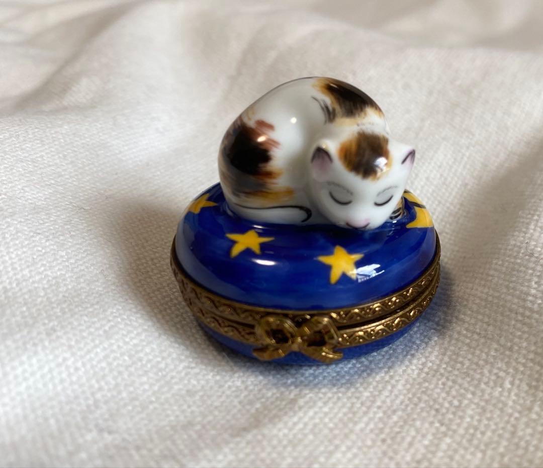 フランス リモージュ Limoges Peint Main 眠り猫 小物入れ 猫
