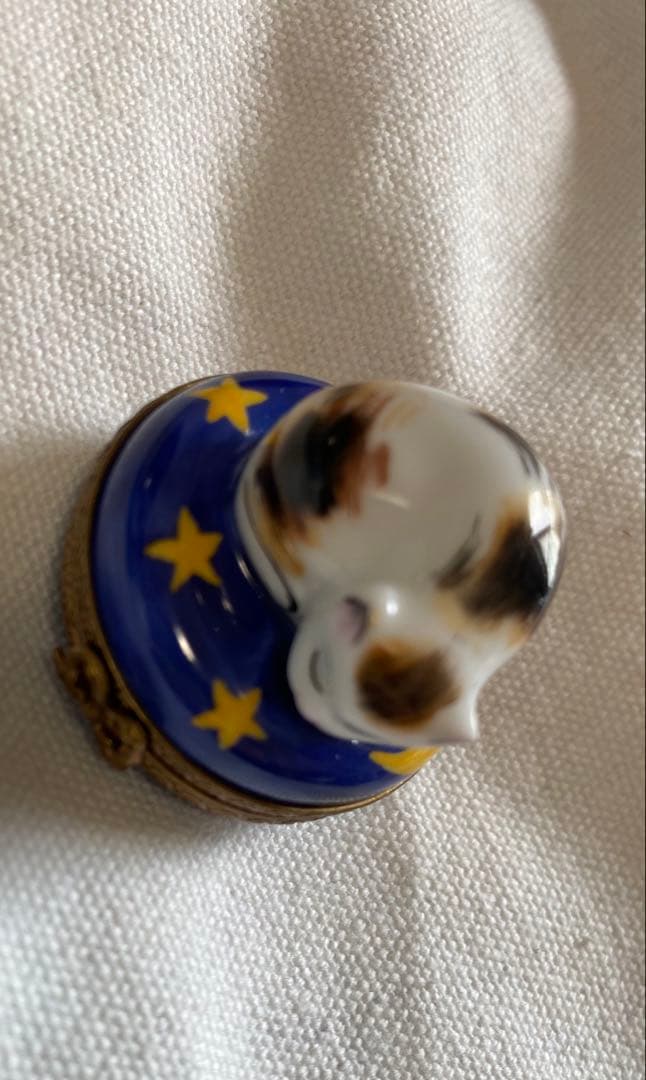 フランス リモージュ Limoges Peint Main 眠り猫 小物入れ 猫