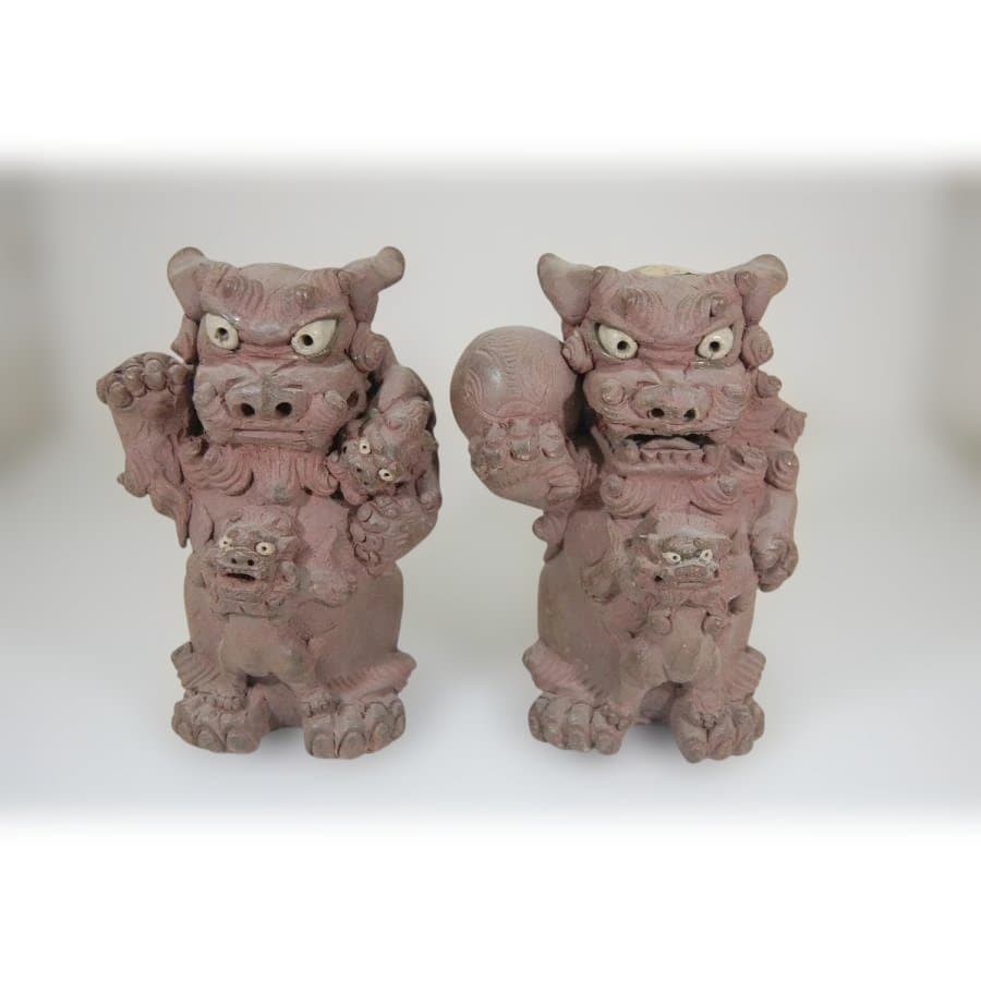 【シーサー50%OFF】手捻親子獅子（中）＠湧田 焼締 置物 新築祝いに