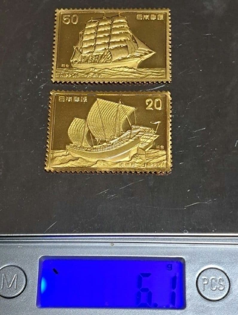純金刻印　希少 限定品　帆船　切手形 　レリーフ　2枚セット　6.1g　日本製
