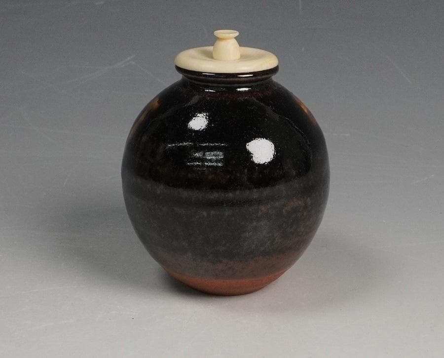 清水茂生 古瀬戸文林茶入 赤地格子連珠文様蜀江錦仕覆添 共箱 茶道具