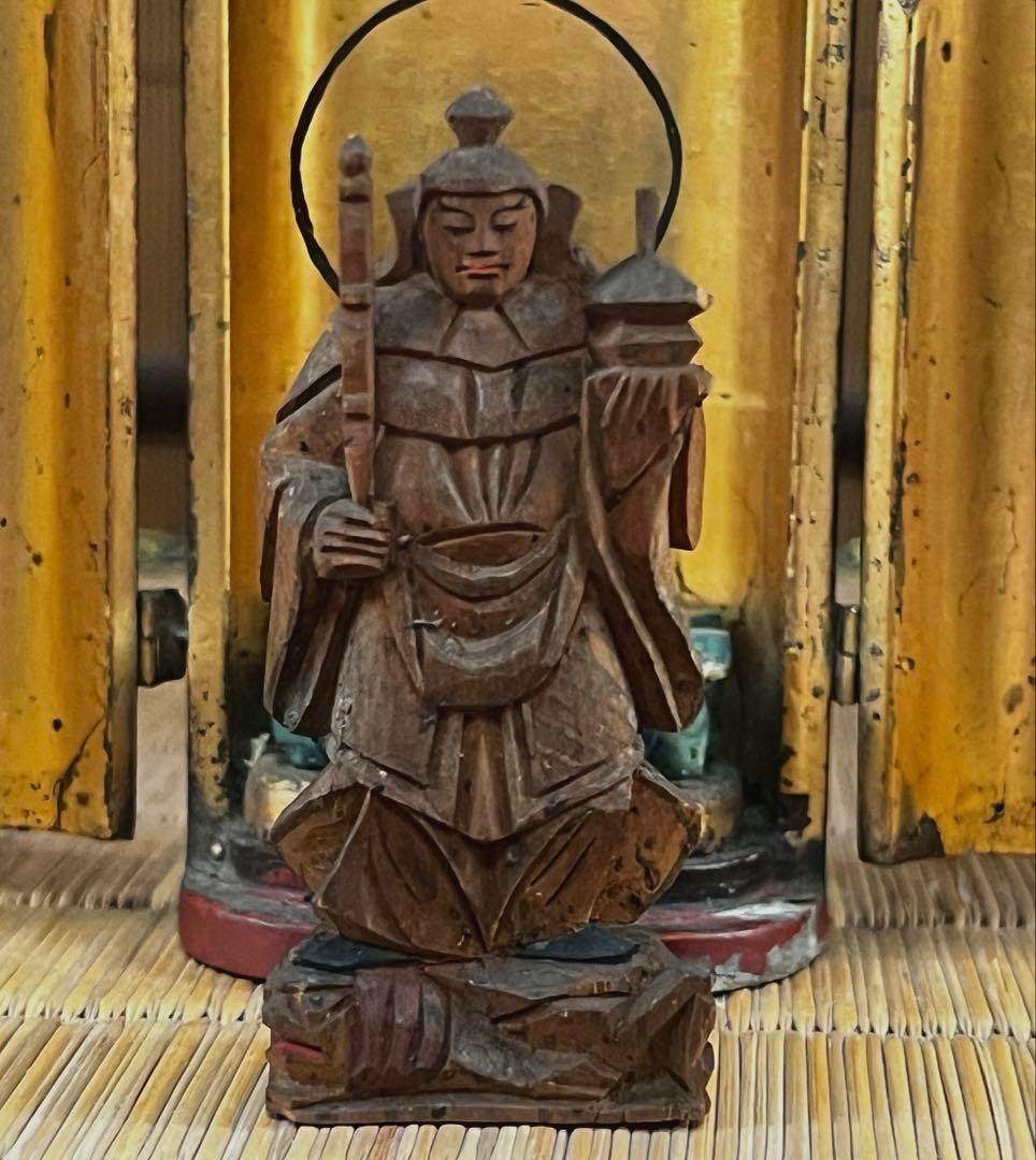 仏教美術 時代 古木 朱塗り 厨子 毘沙門天像 仏像