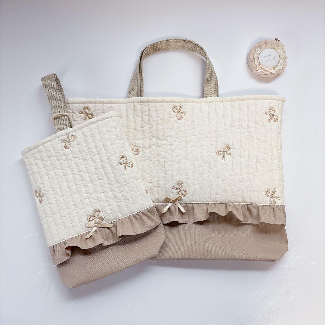 りぼん　刺繍生地　レッスンバッグ　上履き袋　ヌビ　キルト　キルティング　撥水