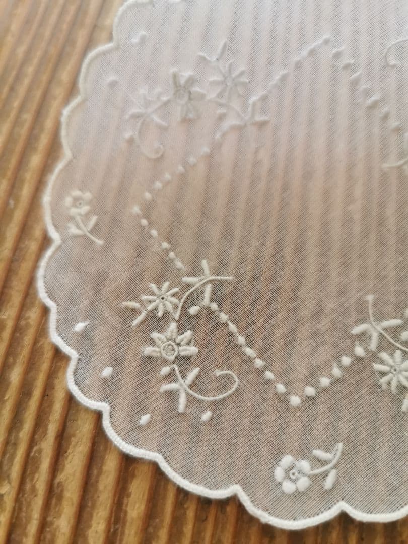 アンティーク シアーなピーニャクロス 小花の手刺繍 フラワーリムプチドイリーβ