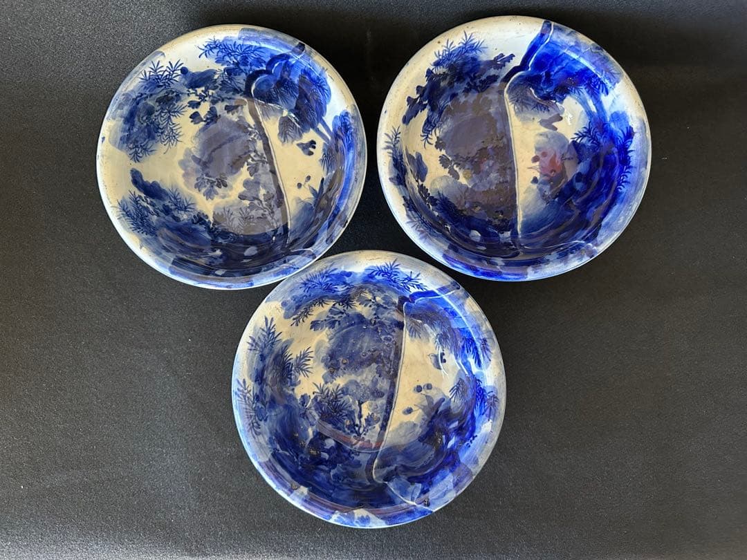 明治期 染付　花鳥図 中鉢 3点セット　直径21cm