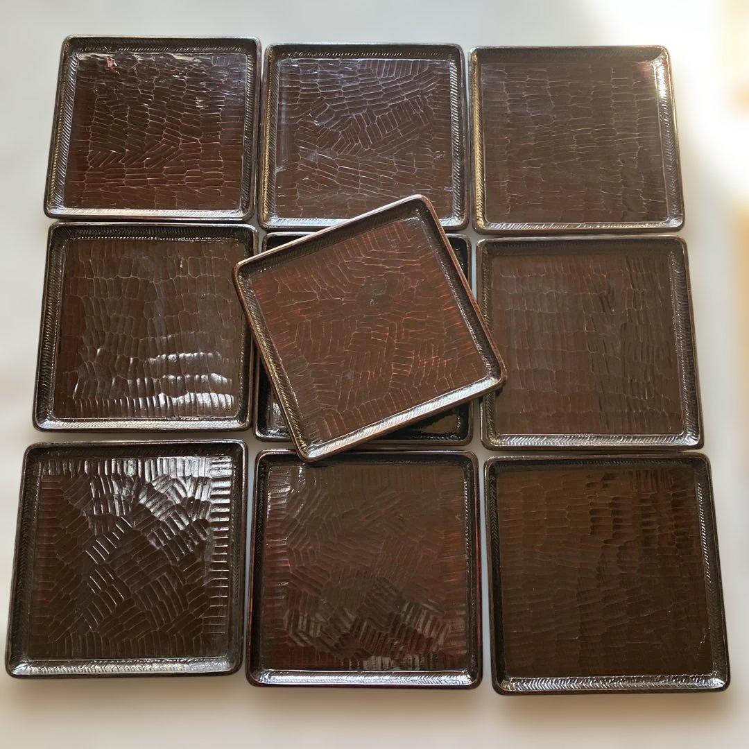 漆器 膳 5枚セット　木製 四角　漆塗り　盆　骨董 彫刻模様　A