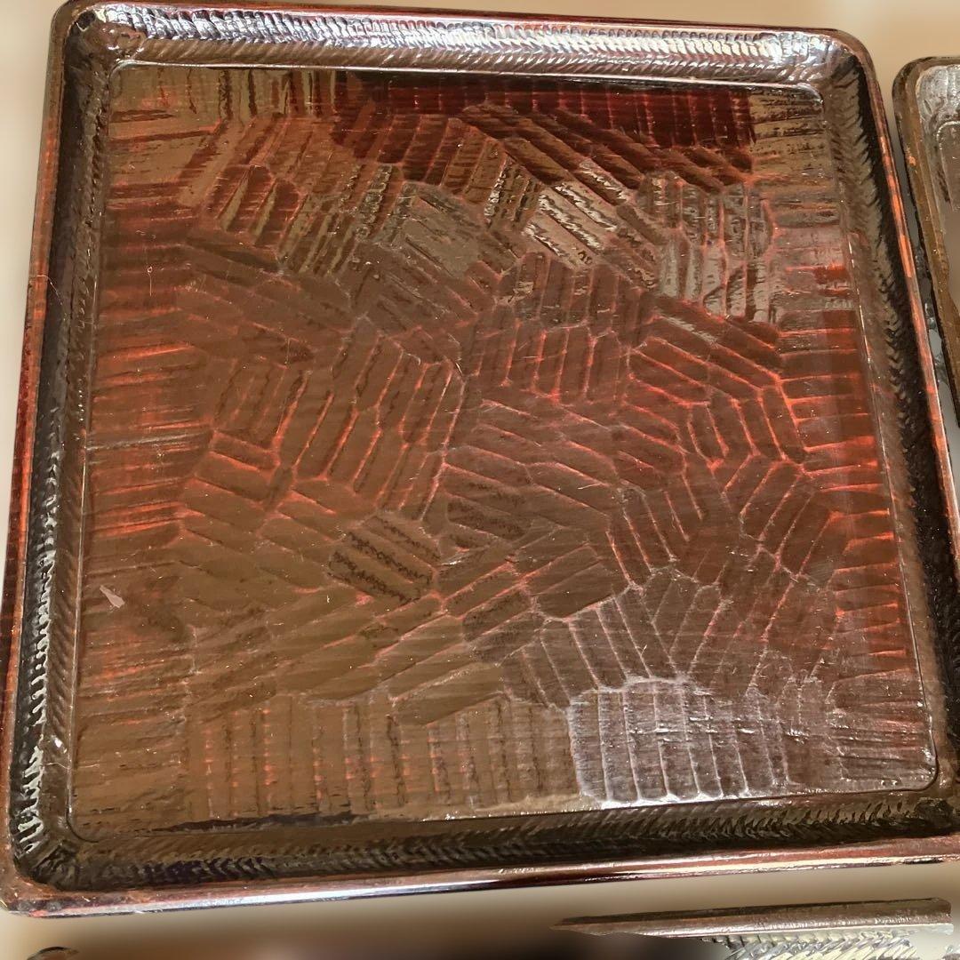 漆器 膳 5枚セット　木製 四角　漆塗り　盆　骨董 彫刻模様　A
