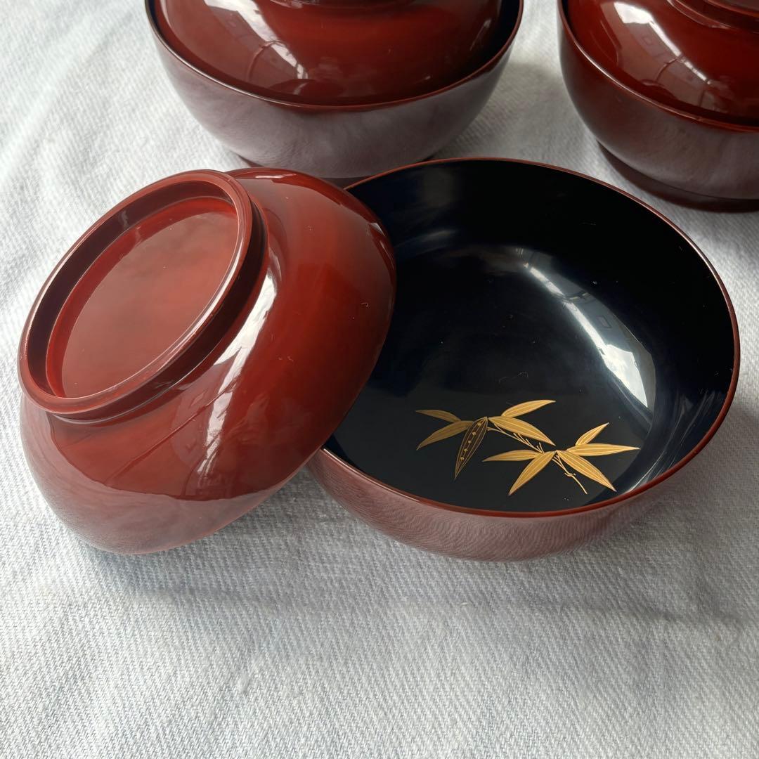 時代　溜塗漆に愛らしい松竹梅の蒔絵お椀5点　梅、松の実（検輪島塗蒔絵椀雑煮椀