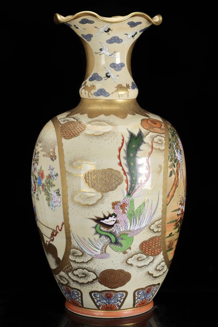 薩摩焼 京薩摩 金襴手 郡鶴鳳凰花鳥図 特大花瓶 80㎝ 大型飾壺 古美術 骨董