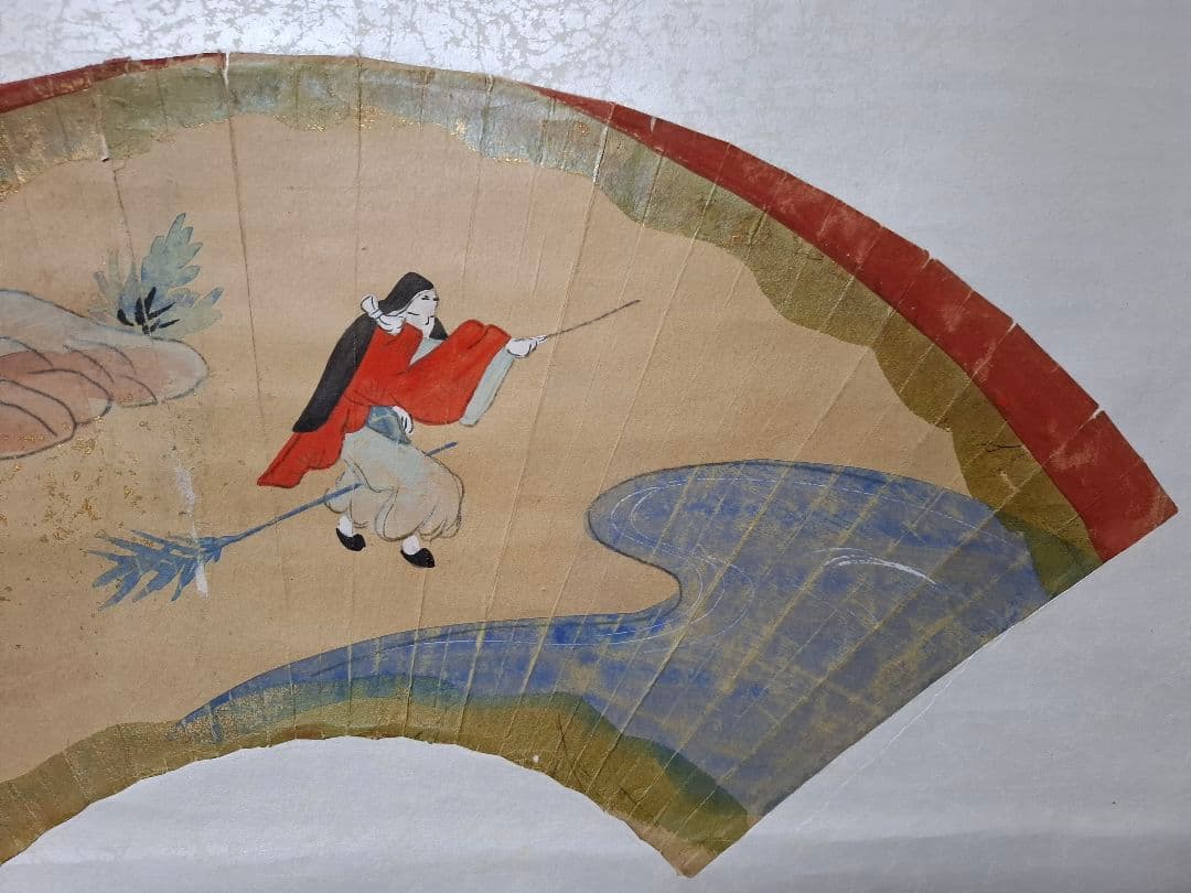 春のお茶席床飾り　掛け軸　遊童子　扇面日本画　箱なし