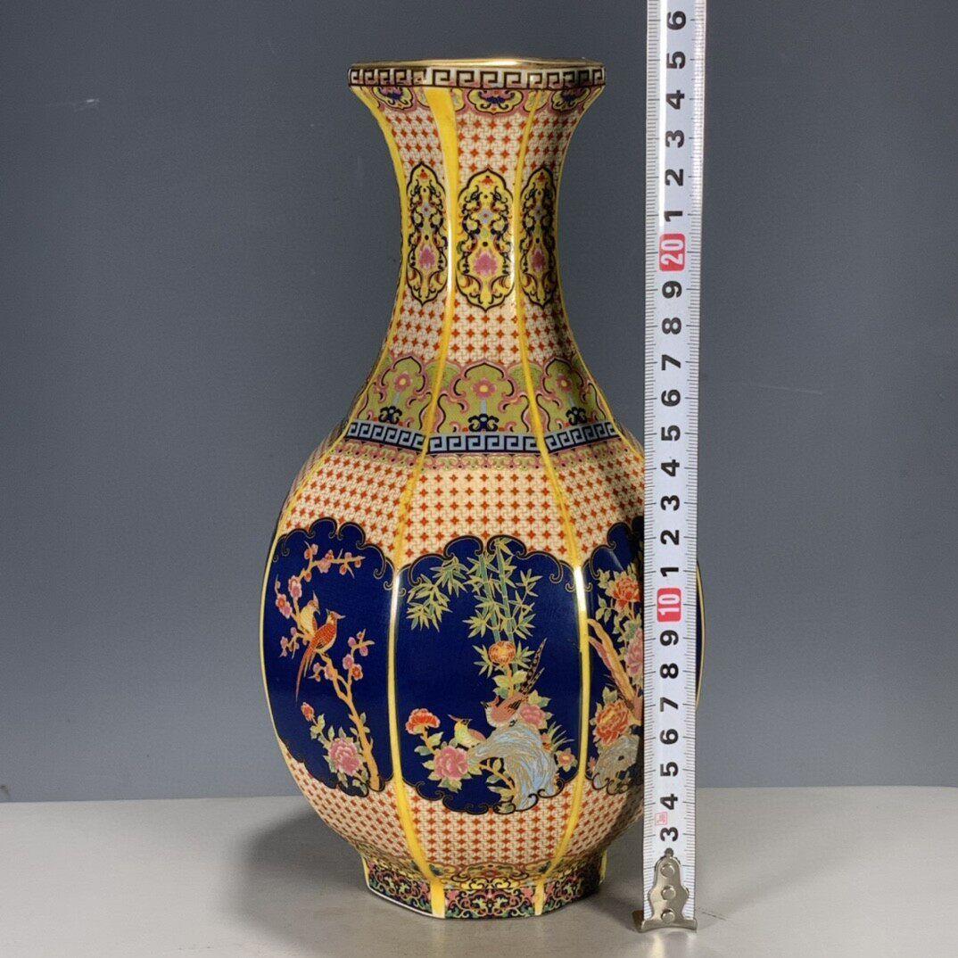 景徳鎮 パステル蒔絵花鳥六稜花瓶 陶磁器 装飾品 現代工芸品 美術品 置物