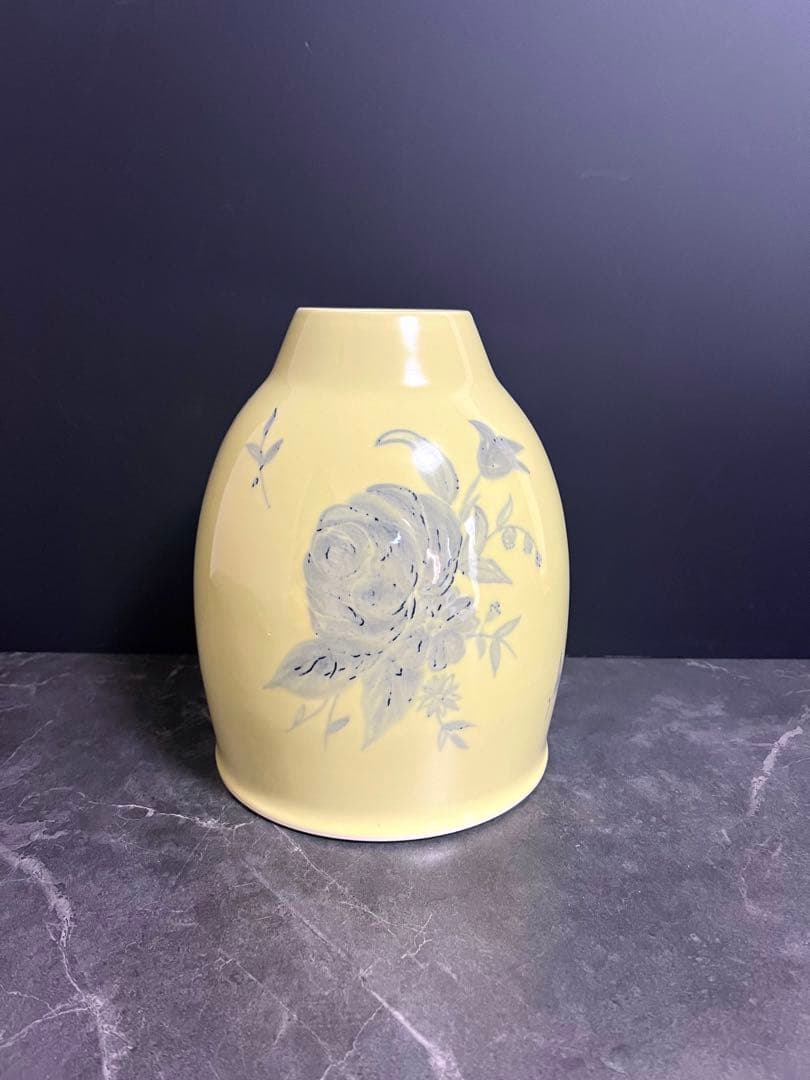 【黄磁／花瓶】薔薇絵　花器　壺　フラワーベース　京都　長谷川勇　共箱　新品未使用