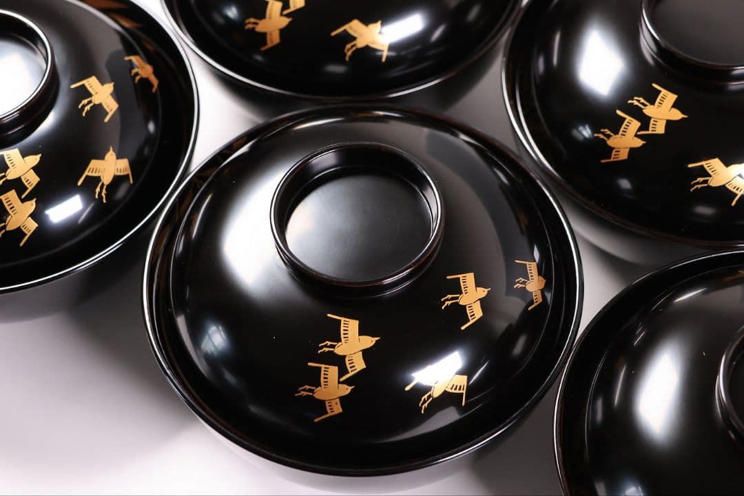 【CM451】天然木漆塗 芦千鳥金蒔絵 艶消黒 吸物椀 五客 昭和 漆芸 漆器