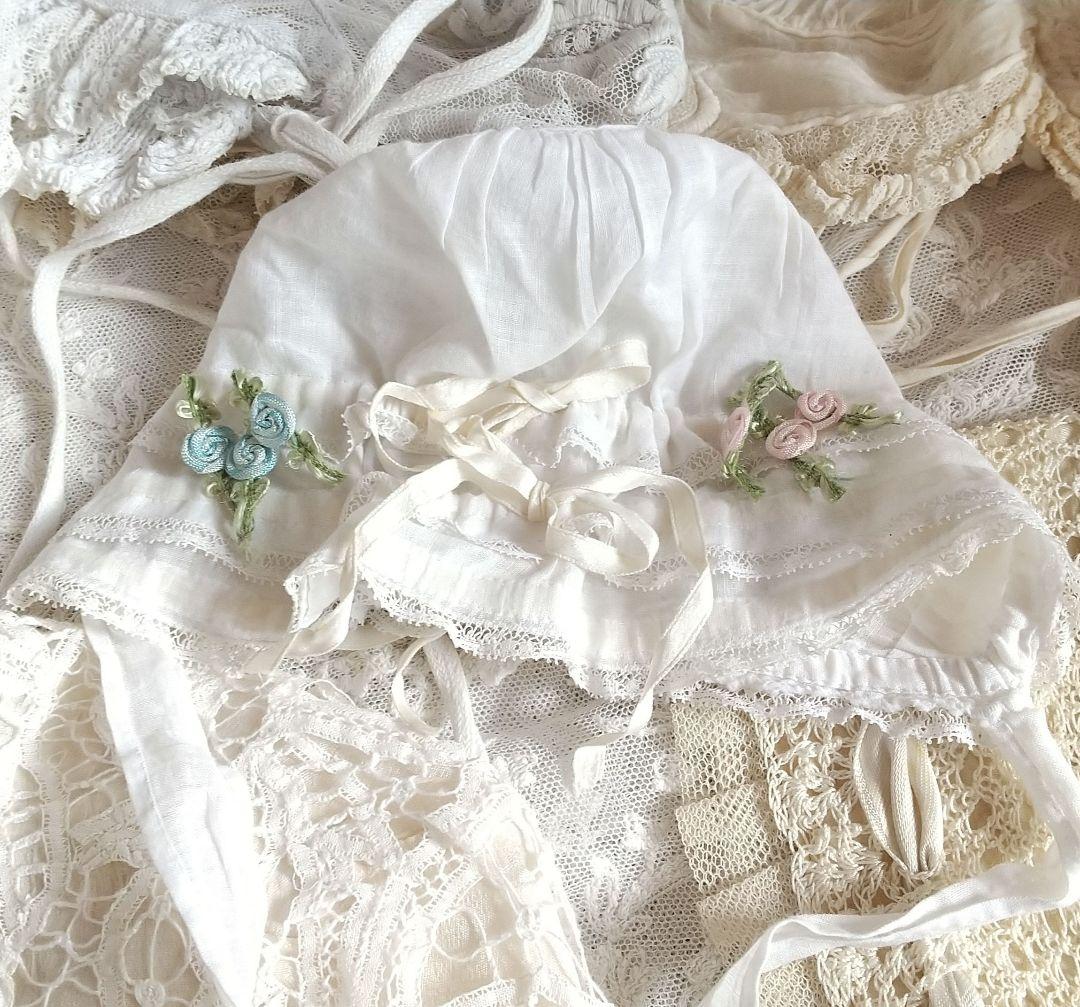 気まぐれSALE❀フランスアンティーク　手縫い ボネ　3点♪ロココリボン付き
