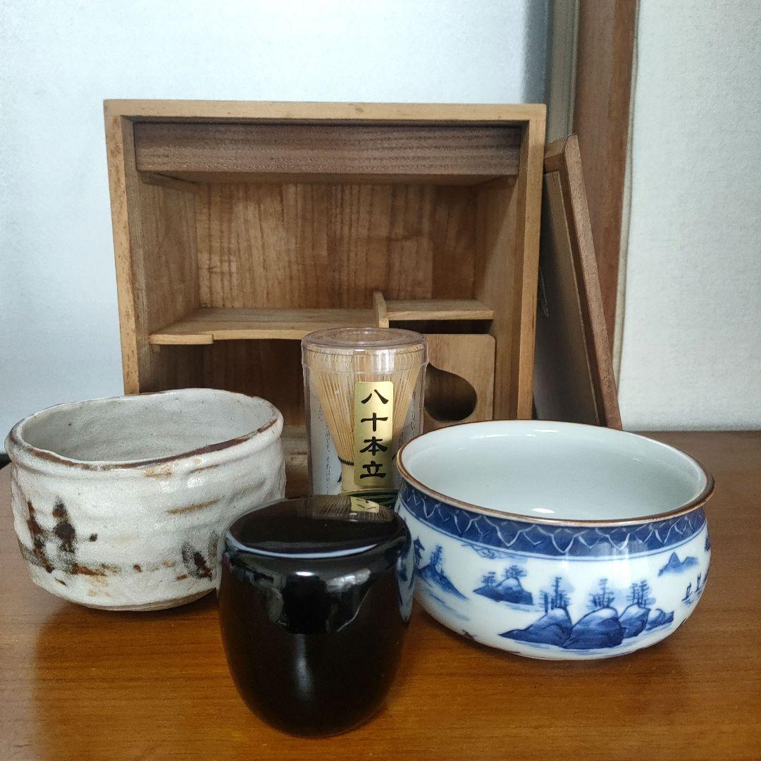 茶道具入れ　お点前セット　色紙箱　茶碗　建水　棗　茶筅　茶杓　懐紙【T-9】