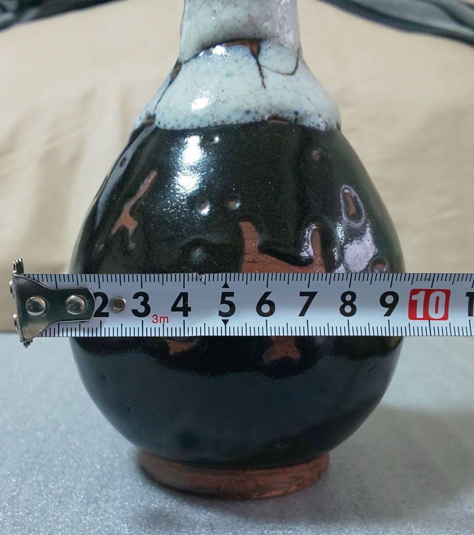 朝鮮唐津花瓶 澱白釉垂瓶首 黒釉陶器