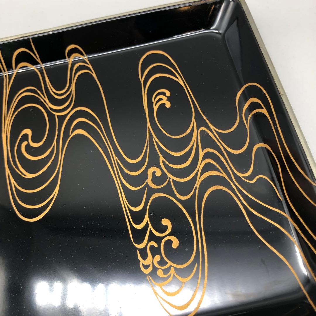 箱入り流水文様金蒔絵黒漆塗りお盆お膳茶道具21x15cm伝統工芸品2個セット