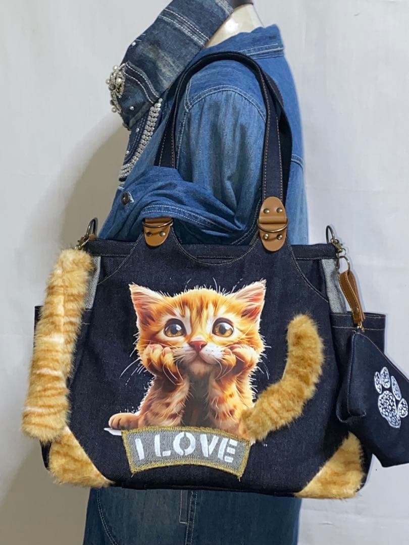 ☆岡山デニム☆ネコファー☆ステンシル☆トラ猫☆リュック対応☆4wayあおりバッグ