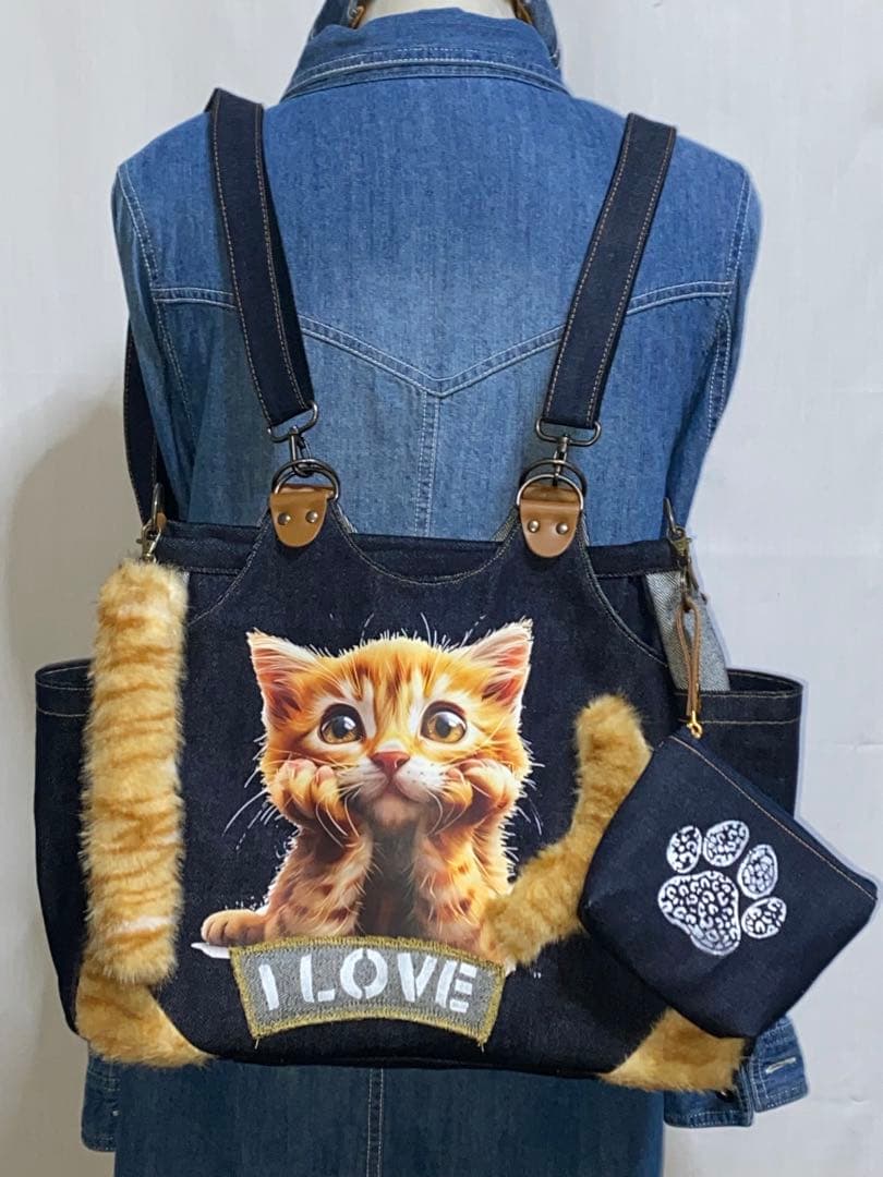 ☆岡山デニム☆ネコファー☆ステンシル☆トラ猫☆リュック対応☆4wayあおりバッグ