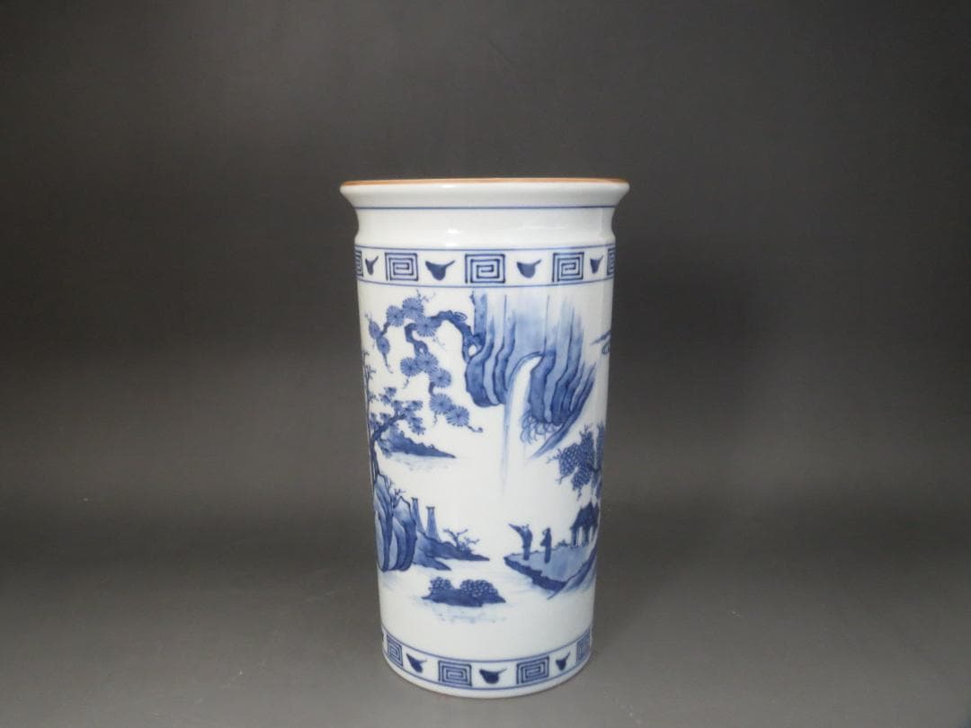 三浦竹泉　『染付山水図　花瓶』　共箱・共布★茶器・花器・花入・茶道具・煎茶道具