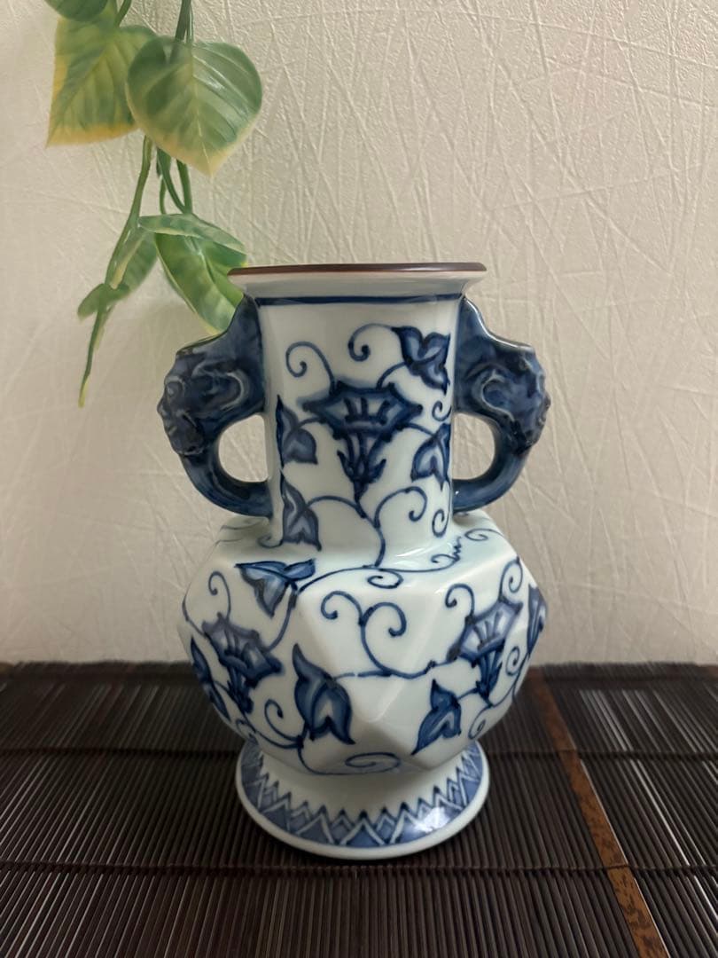 有田焼　雙耳花瓶　たち吉　平安橘吉　藍染　花瓶　花器　青華唐草　古美術　陶芸