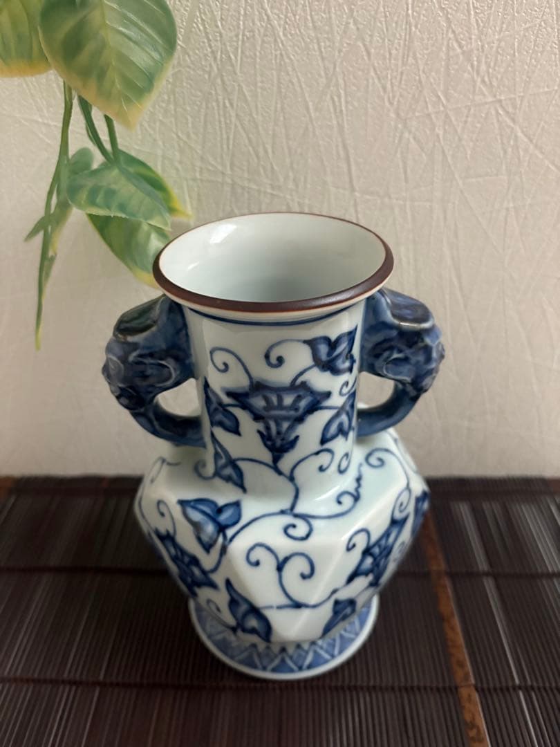 有田焼　雙耳花瓶　たち吉　平安橘吉　藍染　花瓶　花器　青華唐草　古美術　陶芸