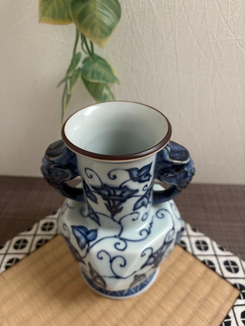 有田焼　雙耳花瓶　たち吉　平安橘吉　藍染　花瓶　花器　青華唐草　古美術　陶芸