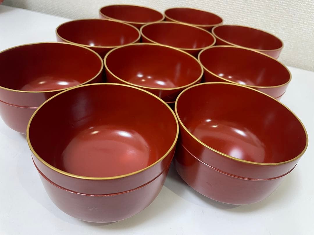 【現状品】漆器 輪島塗 金彩 朱塗 底黒塗 蓋付き椀 割烹 煮物椀 10個 ①