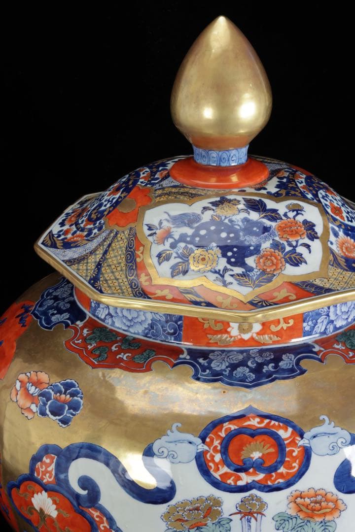 有田焼 染錦花鳥図 八角胴張蓋付大壷 飾壺 豪華絢爛 高57cm 古美術 骨董品