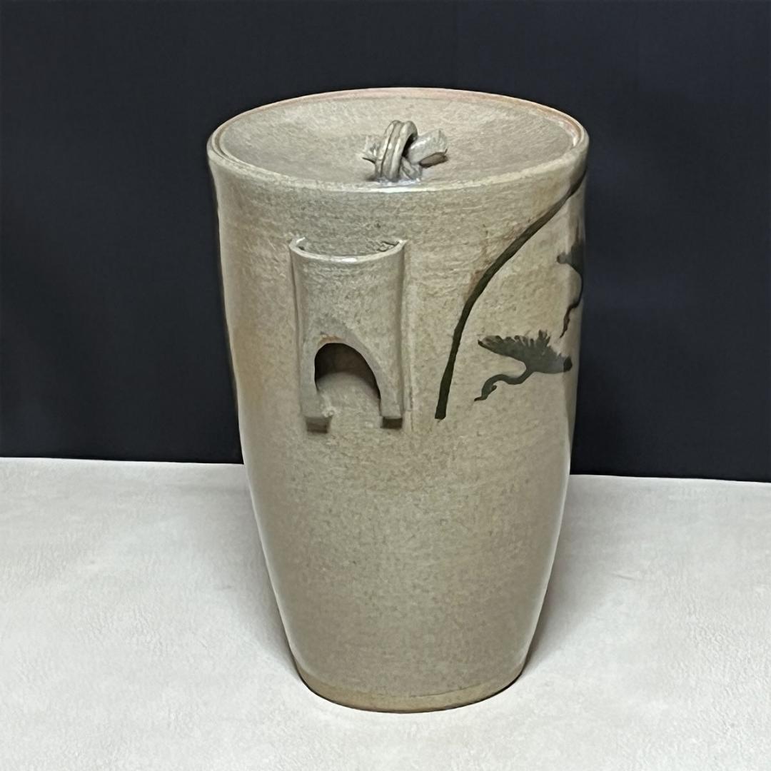 虫明焼 水指 在銘 共箱 虫明 瀬戸窯 細水指 雁の絵 茶道具 【k3706】